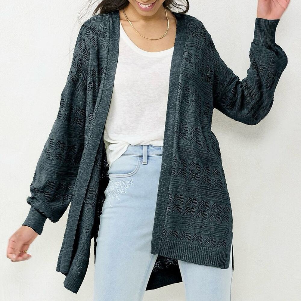 LC Lauren Conrad Pointelle Open-Front Long Cardigan in Deep Sapphire. Size M.